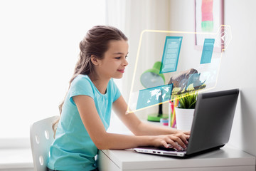 education, school and technology concept - girl with laptop computer and hologram projection...