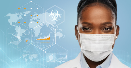 health, medicine and pandemic concept - african american female doctor wearing protective medical...