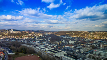 Aerial view into the university district of Siegen city in the siegerland area