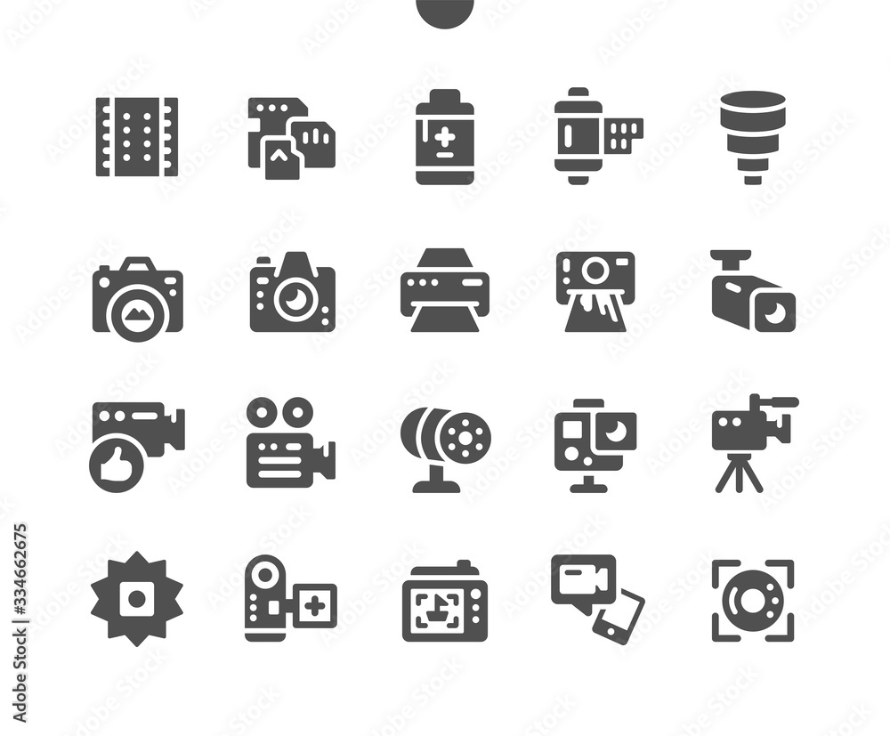 Poster camera well-crafted pixel perfect vector solid icons 30 2x grid for web graphics and apps. simple mi