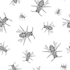 Wasp seamless pattern. Black elements on white background. Vector illustration with insect