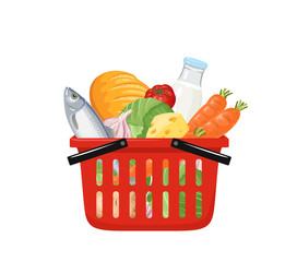 Red grocery shopping basket full of fresh food isolated on white background. Delivery of products from store. Vector illustration of bread, milk, cheese, fish and vegetables in cartoon flat style.