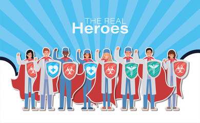 women and men doctors heroes with cape and shield against 2019 ncov virus vector design