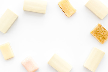 Soap bars flat lay on white background top-down copy space frame mockup