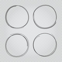 4 hand drawn scribble circles set isolated on transparent background doodle vector illustration. Pencil or pen round circle for notes marks draft.