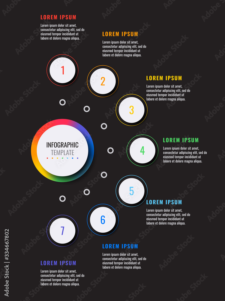 Aufkleber business infographic template with seven white round realistic elements on a black background. moder