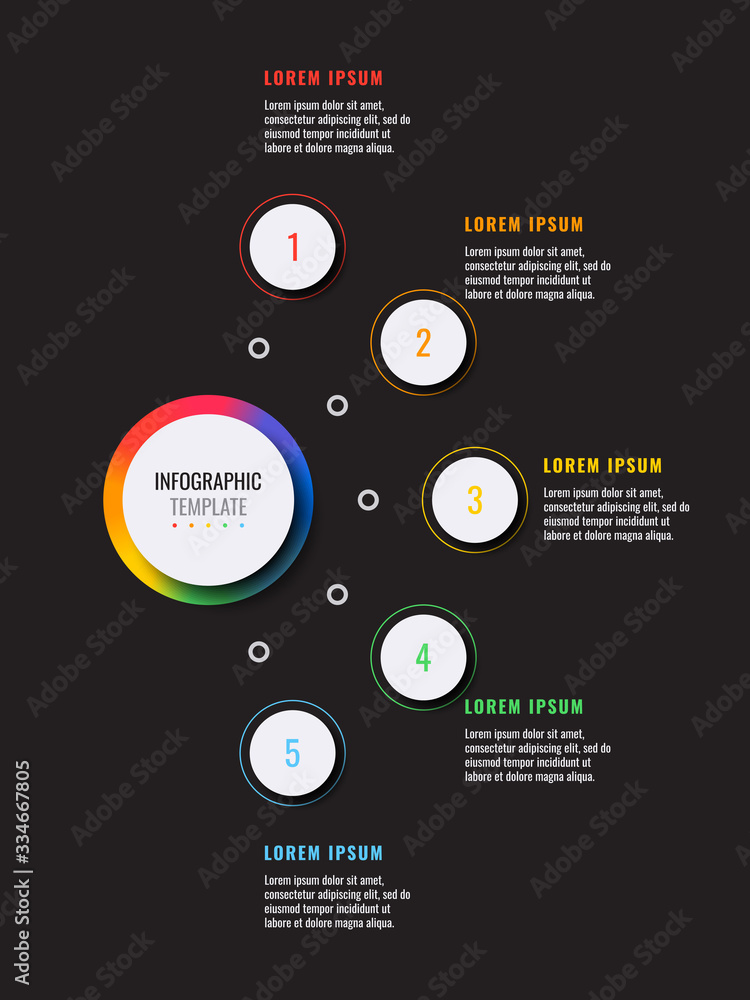 Aufkleber business infographic template with five white round realistic elements on a black background. modern