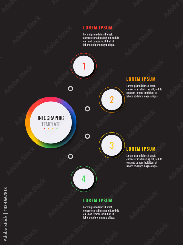 Aufkleber business infographic template with four white round realistic elements on a black background. modern