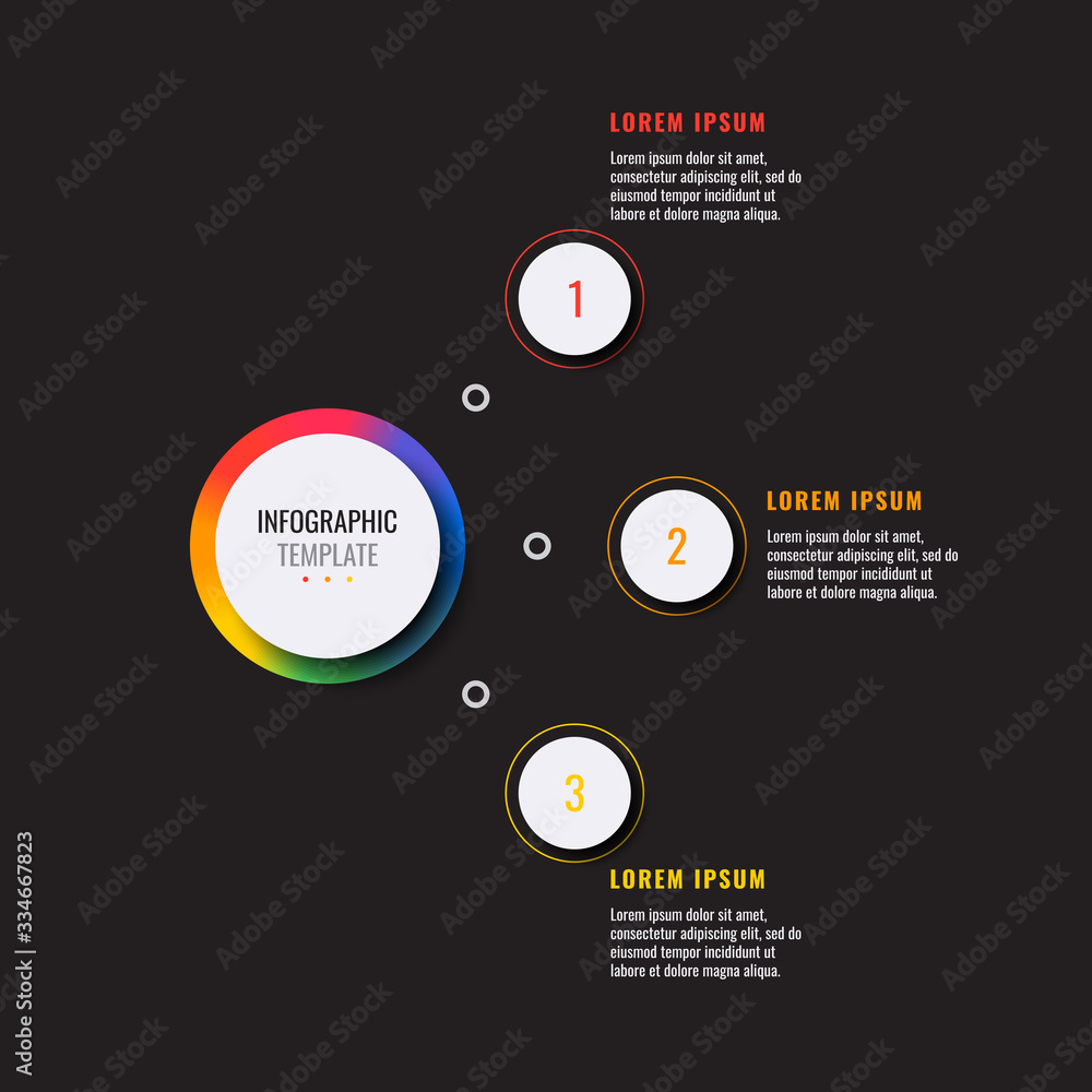 Aufkleber business infographic template with three white round realistic elements on a black background. moder