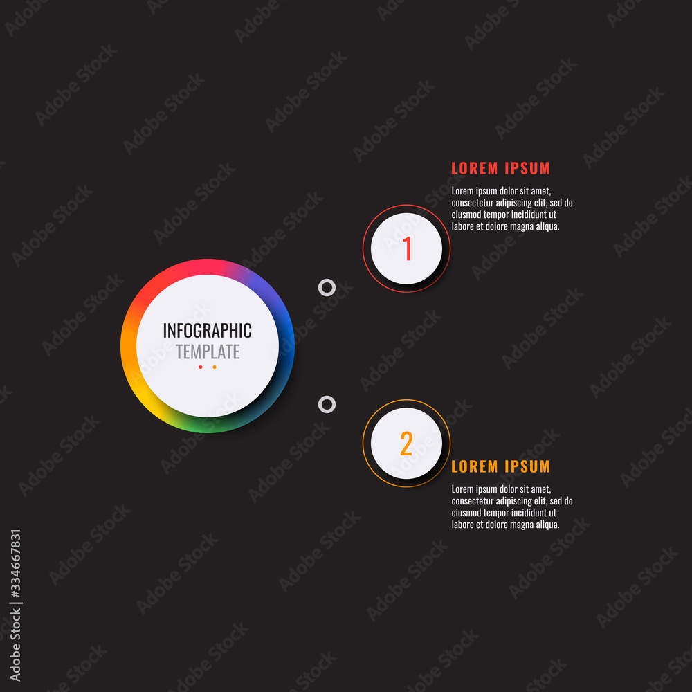 Aufkleber business infographic template with two white round realistic elements on a black background. modern 