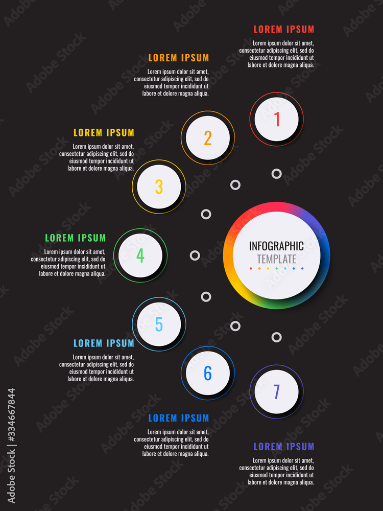 Aufkleber business infographic template with seven white round realistic elements on a black background. moder
