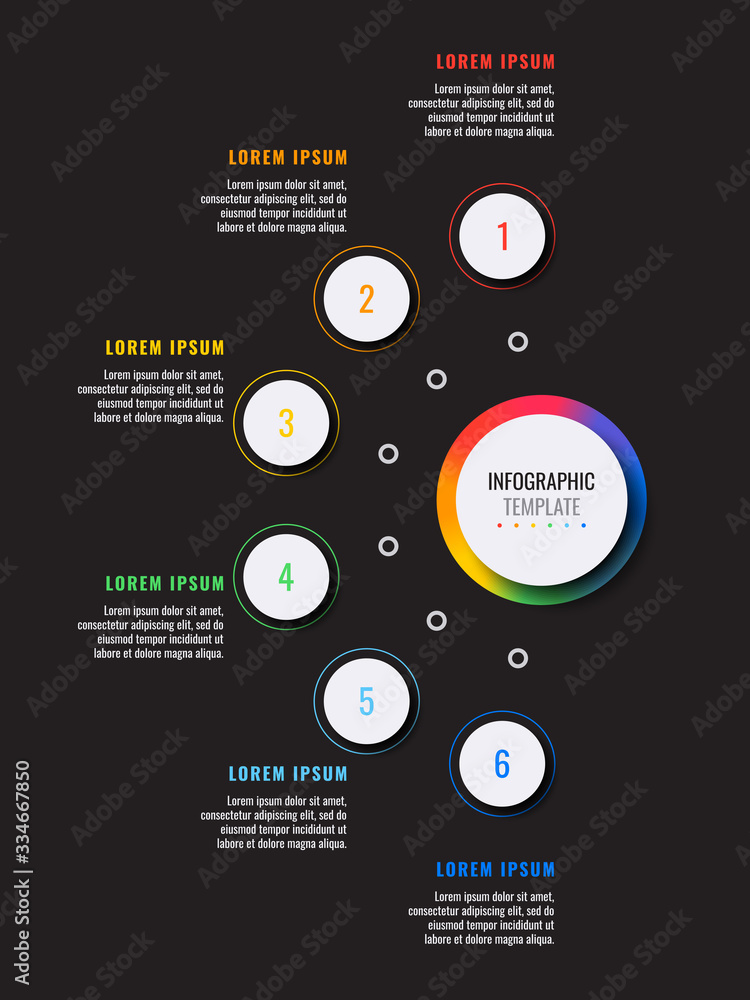 Aufkleber business infographic template with six white round realistic elements on a black background. modern 