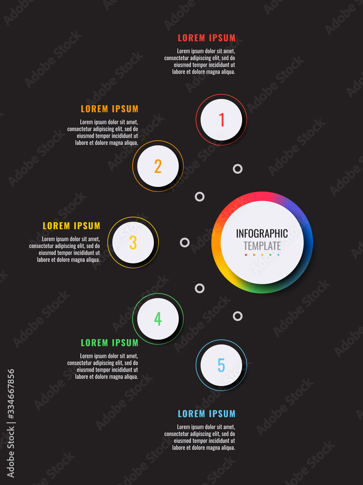 Aufkleber business infographic template with five white round realistic elements on a black background. modern