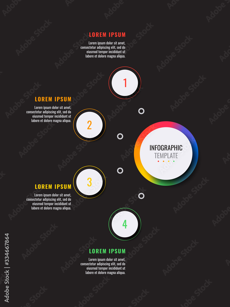 Aufkleber business infographic template with four white round realistic elements on a black background. modern