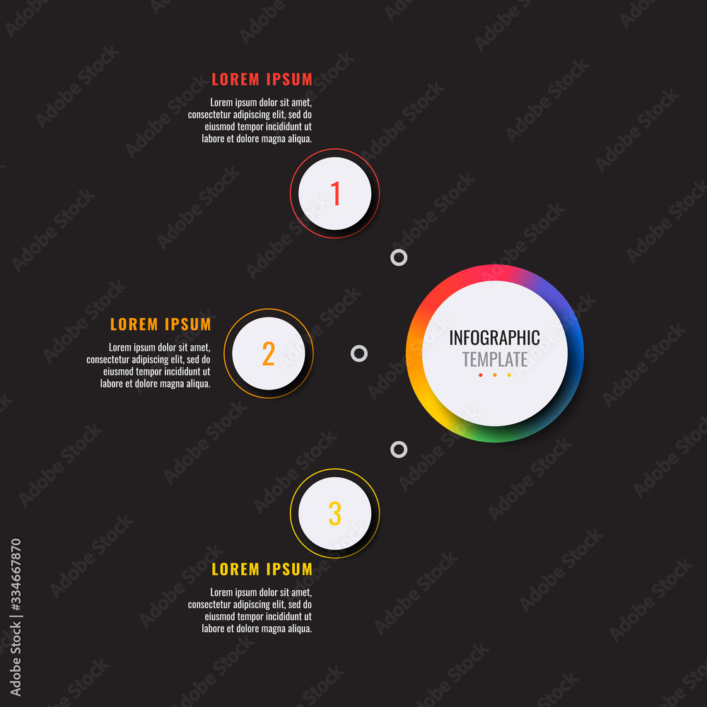 Aufkleber business infographic template with three white round realistic elements on a black background. moder