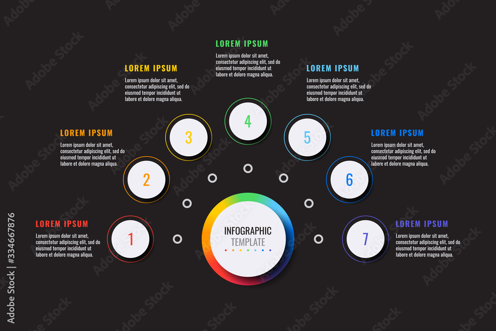 Aufkleber business infographic template with seven white round realistic elements on a black background. moder