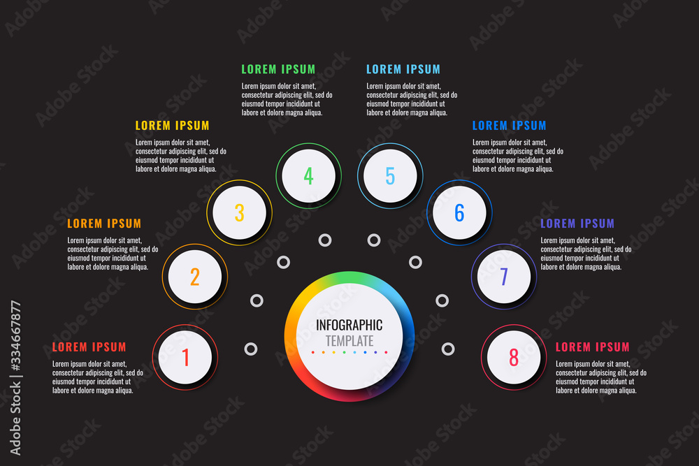 Aufkleber business infographic template with eight white round realistic elements on a black background. moder