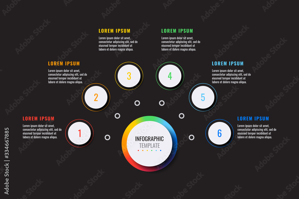 Aufkleber business infographic template with six white round realistic elements on a black background. modern 