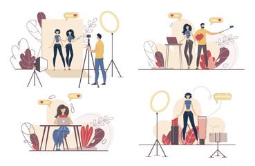 Social Media Content Maker, Blogging People, Live Video Streamer Characters Set. Cameraman Recording Footage in Studio, Woman Subscribing to Beauty Blogger Channel Trendy Flat Vector Illustration