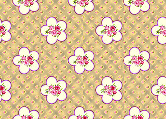 small shabby chic roses with geometric shapes and doted floral backround seamless pattern