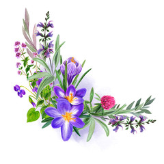 Naklejka na ściany i meble Wild field purple flowers bouquet, hand drawn