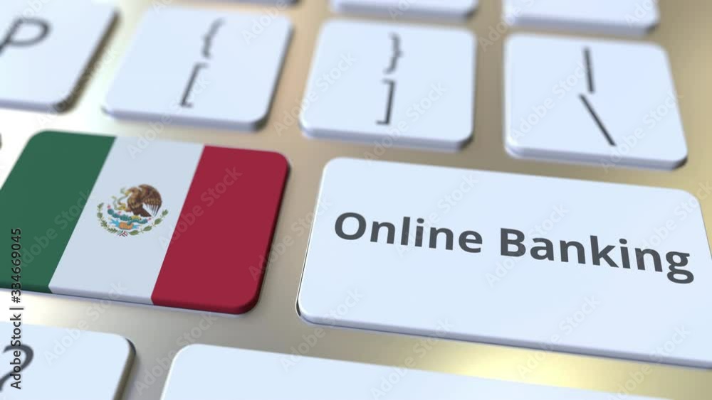 Poster online banking text and flag of mexico on the keyboard. internet finance related conceptual 3d anima