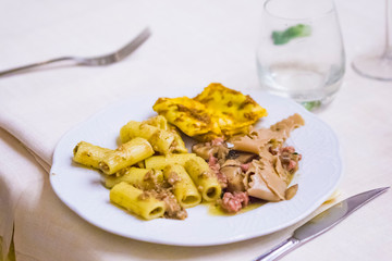 Three types of pasta, pasta with wild boar, pasta with meat sauce and pasta with mushrooms