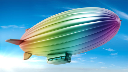 Rainbow colored zeppelin in the air. 3D illustration