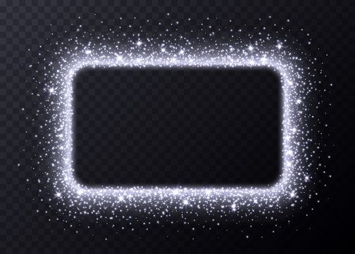 Silver rectangle frame with sparkles and flares, abstract luminous particles, white stardust light effect isolated on a dark background. Xmas glares and sparks. Luxury backdrop. Vector illustration.