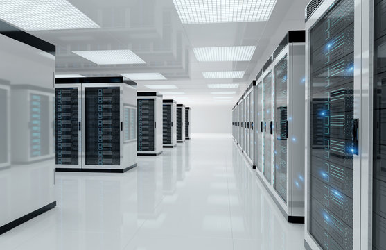 White servers center room with computers and storage systems 3D rendering