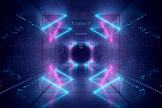 Glowing blue and pink neon light tubes in long dark underground tunnel reflecting on walls and floor 3D rendering