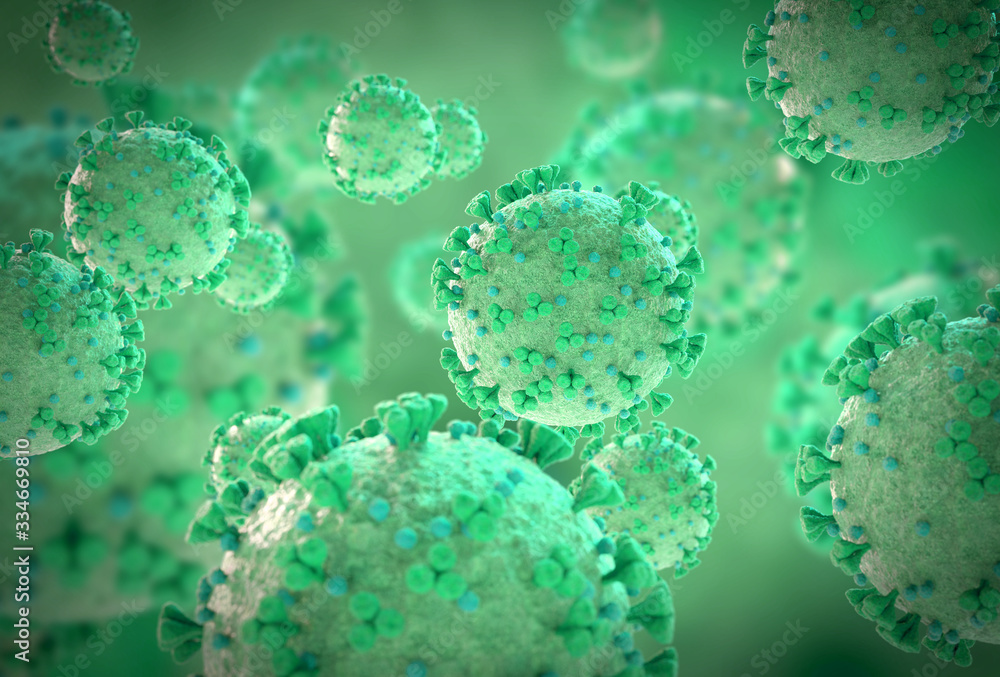 Poster 3d rendering of the coronavirus on a microscopic level. microscope close-up of the covid-19 disease.