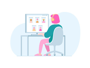 Young woman with pink hairs working from home. Self isolation, virtual communication with friends and colleagues. Stay home concept. Stock vector illustration