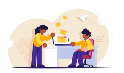 People send or receive a new email. Notification on your computer screen. The manager workplace in the office. Modern flat vector illustation.