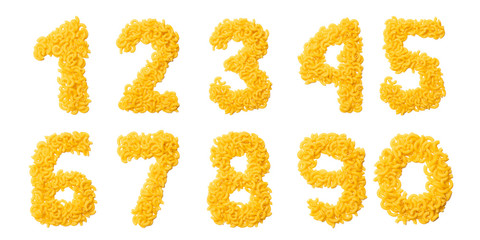 Arabic numerals  from dry pasta on a white isolated background. Food pattern made from macaroni tubes. Bright alphabet for shops.