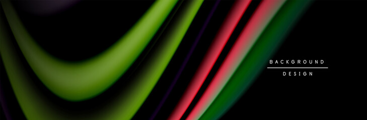 Сolorful flow poster. Wave liquid lines and shapes in black color background. Vector Illustration