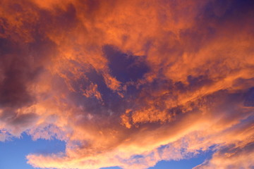 Naklejka na ściany i meble Golden sunshine and orange clouds at sunset