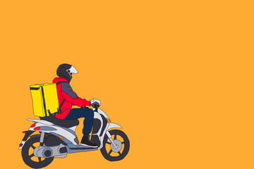 Fototapeta na wymiar modern creative delivery concept illustration featuring delivery man rinding orange shipping scooter, isolated | Male character in helmet riding orange moped