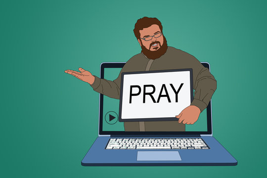 illustration, online church, black pastor praying, video streaming of church service, Worship Online. no public gatherings and public masses because of virus, covid-19. worship at home