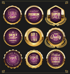 Collection of golden badges and labels retro style