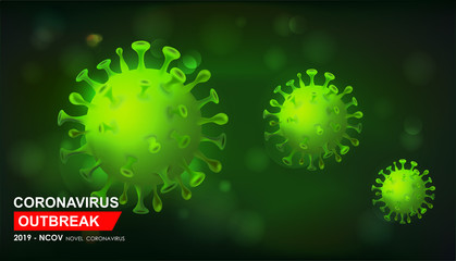 Green virus cells. Viruses in infected organism, viral disease epidemic. Corona, influenza viruses. Vector