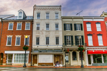 Facades of apartment buildings on a street in Washington DC, USA