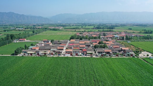 Aerial view of rural China, beautiful landscape of green fields in countryside