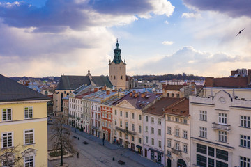 iew on Latin Cathedral in Lviv, Ukraine  from drone