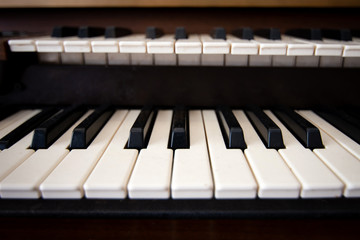 Close up of piano keyboard front view.