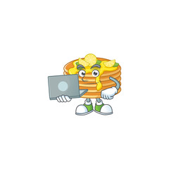 Diligent lemon cream pancake mascot design style working from home with laptop