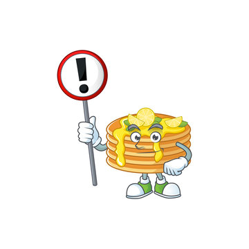 A picture of lemon cream pancake cartoon character concept holding a sign
