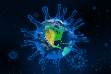 3D illustration of a Virus over earth. Pandemic concept.  America, Canada, Mexico.