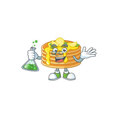 Lemon cream pancake genius Professor Cartoon character holding glass tube
