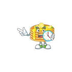 Lemon cream pancake mascot design concept holding a circle clock